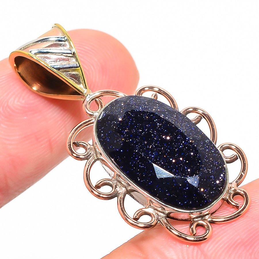 Натуральный голубой солнечный камень двухцветный 925 пробы цельное стерлинговое серебро подарок кулон 1.50" y2k90