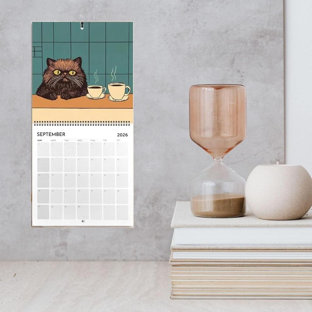 Cats Chillin' with Coffee 2026, 12 Monthly Cat Themed Calendar with Full-Color Illustrations, 2026 Cat Art Hanging Calendar, Spiral-Bound Hanging