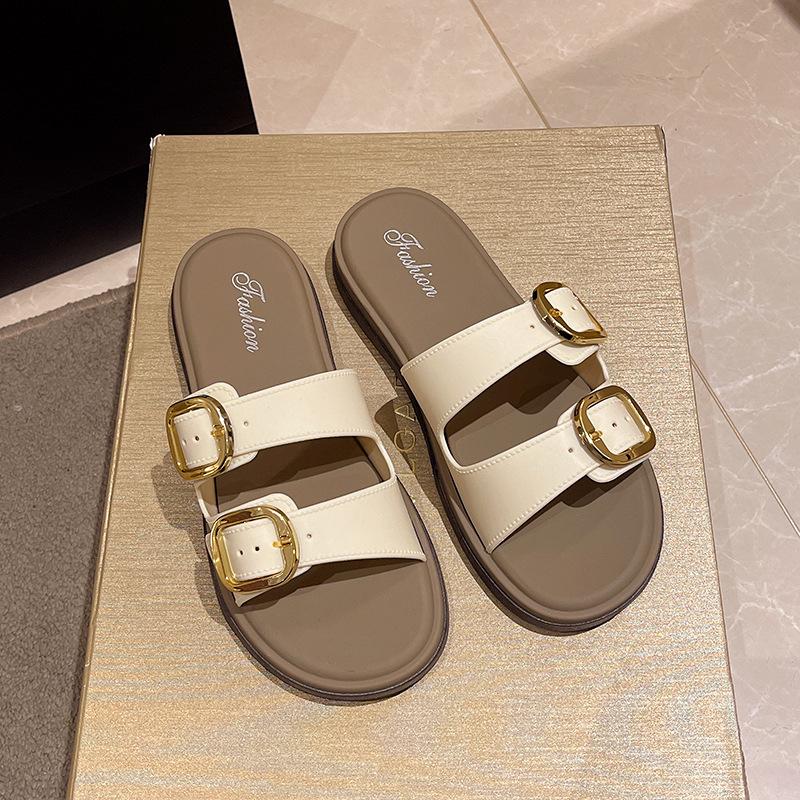 New Retro Soft Bottom Flat Bottom Belt Buckle Slippers Women's Summer Beach Non-slip One-word Cool Slippers