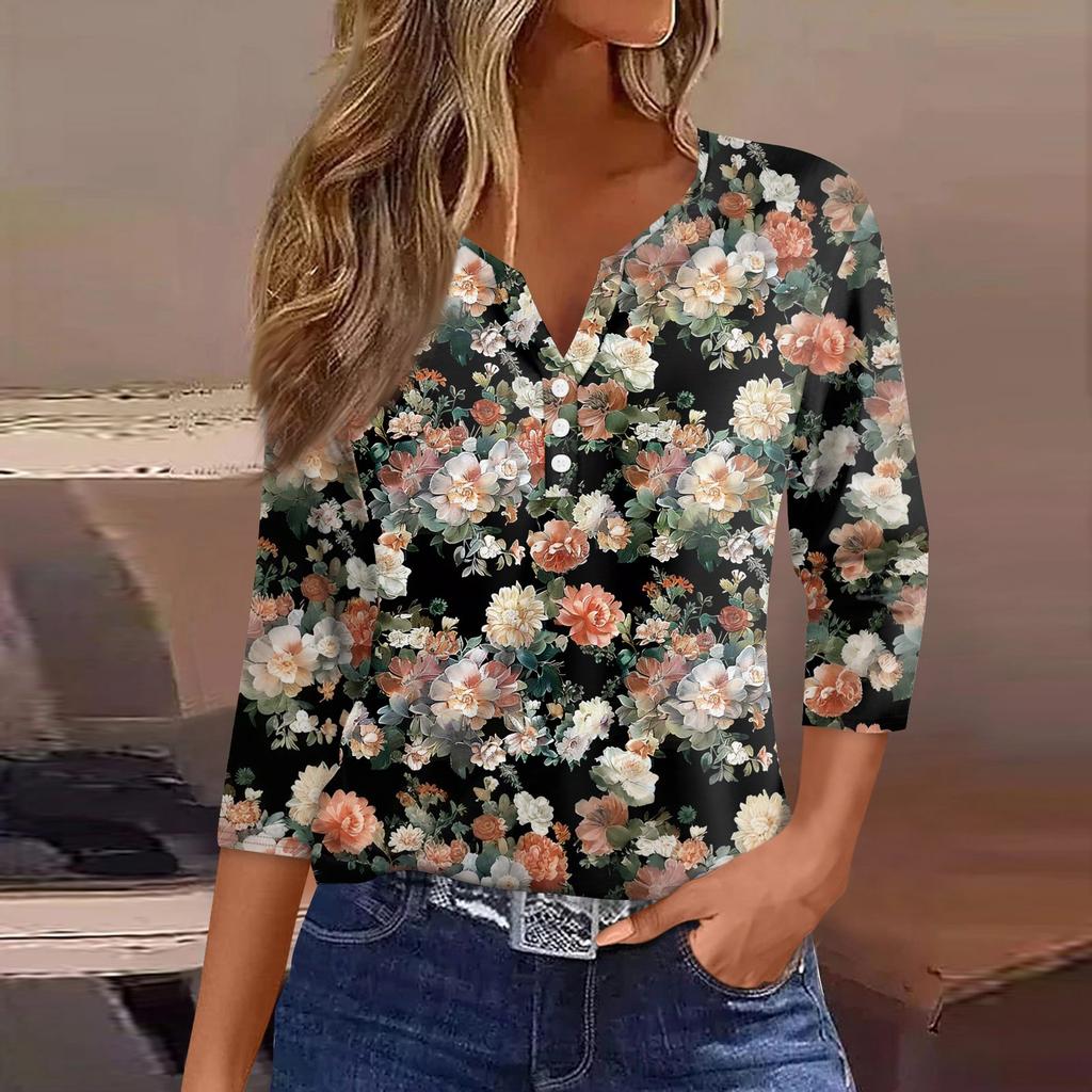 Жен. Футболка С принтом Пуговицы Рукав 3/4 Повседневные Выходные Мода Классический Классический V-образный вырез Обычный Верх