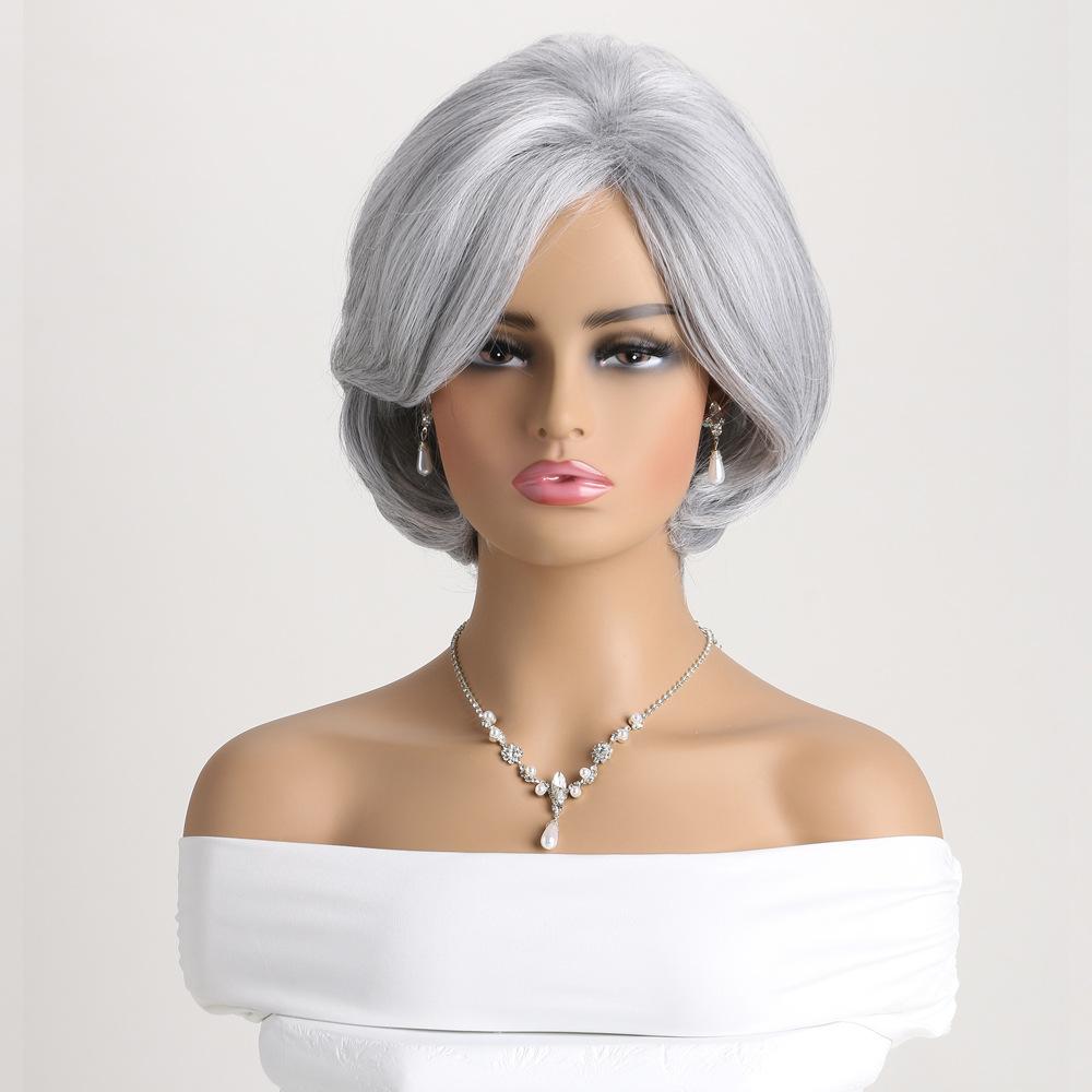 European and American Women's Silver Gray Wig Daily Use Natural Looking Side-parted Short Curly Inward-bent Synthetic Fiber Wig for Elderly Women