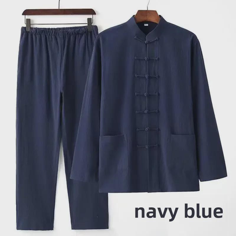 Мужской костюм Тан на весну и осень: Костюм из двух частей в китайском стиле из хлопка и льна с пуговицами