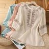 Women Shirt Retro Style Embroidery Flower Pattern Pullover Tops Round Neck 3/4 Sleeve Summer Casual Blouse