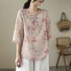 Retro Chinese modified button cotton and linen printed shirt women's spring and summer loose and thin seven-quarter sleeve top women