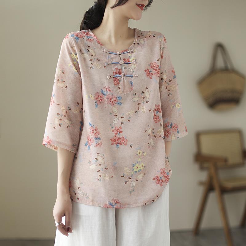 Retro Chinese modified button cotton and linen printed shirt women's spring and summer loose and thin seven-quarter sleeve top women