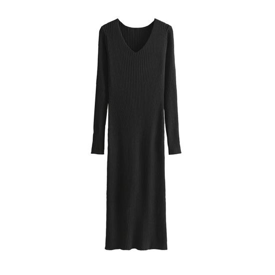 Женское платье-свитер осеннее с длинным рукавом, V-образным вырезом, в рубчик, с разрезом, длинное платье, повседневное облегающее платье миди