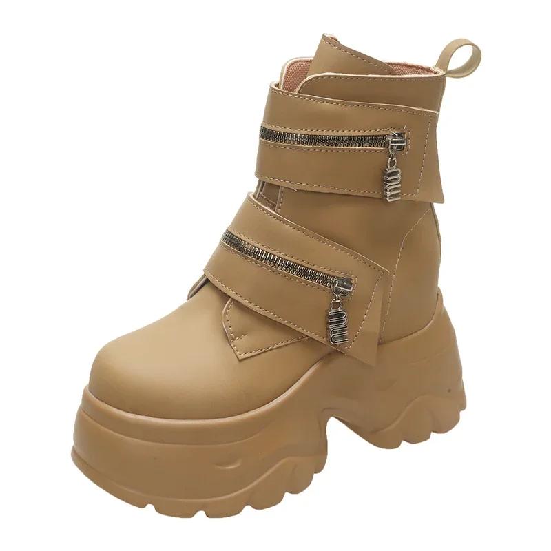 2025 женские кожаные ботильоны осень-зима 9,5 см каблук массивные кроссовки высокая платформа молния короткие мотоциклетные ботинки женские Botas