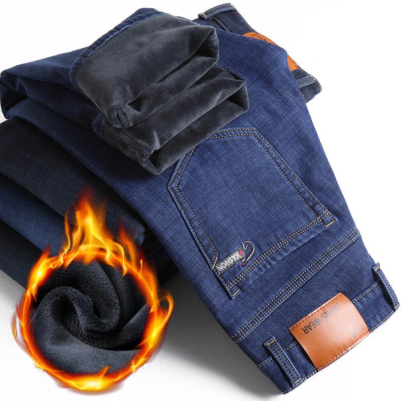 Мужские флисовые джинсы Зимние Новые Большие размеры Толстые Теплые Прямые Стрейч Мужские Деловые Повседневные Рабочие Джинсовые Утепленные Брюки