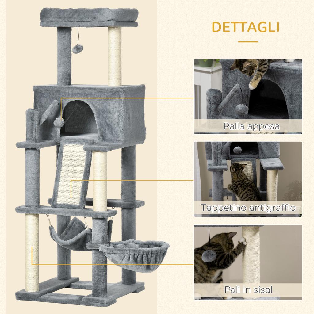 Cat Scratching Tree with Sisal Posts, House, Bed and Hammocks, 48x48x140cm, Grey