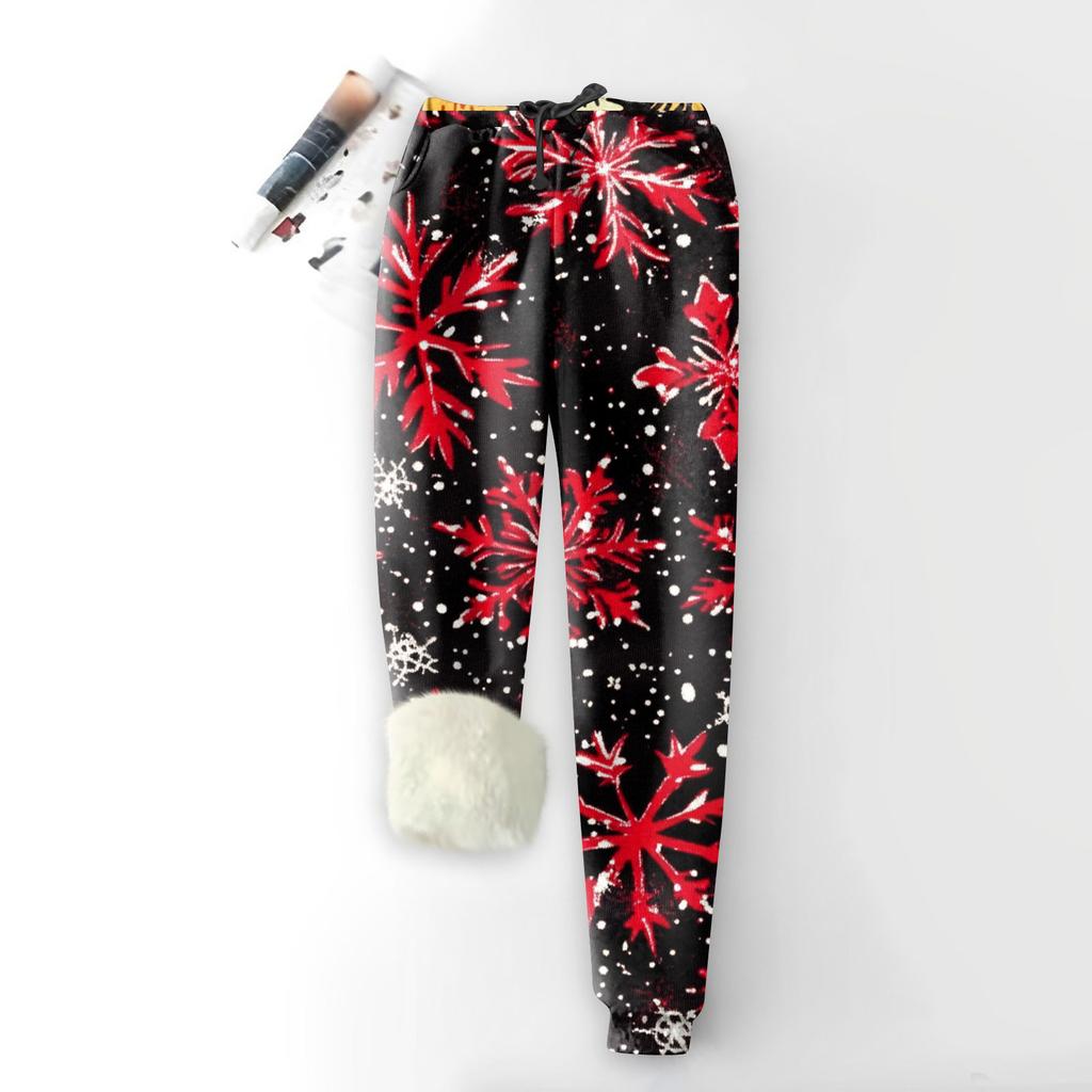Женские модные рождественские спортивные свободные утолщенные теплые флисовые брюки с принтом