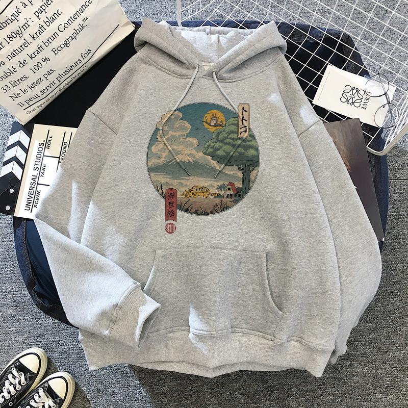 Japanese Anime Cartoon Totoro Hoodie Women Kawaii Hoodies Miyazaki Hayao Studio Ghibli Harajuku Grey Sweatshirts Unisex Sweatshirt
