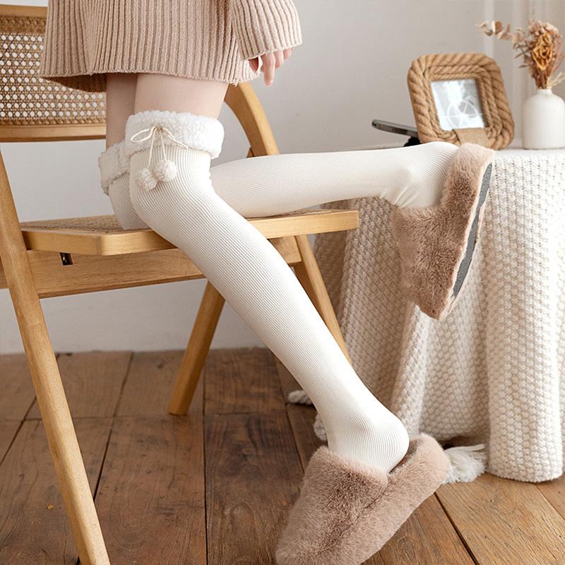 Winter Lamb's Wool Warm Knee-length Socks Padded White Fur Ball Stockings Women's Bottoming Socks JK Knee Socks
