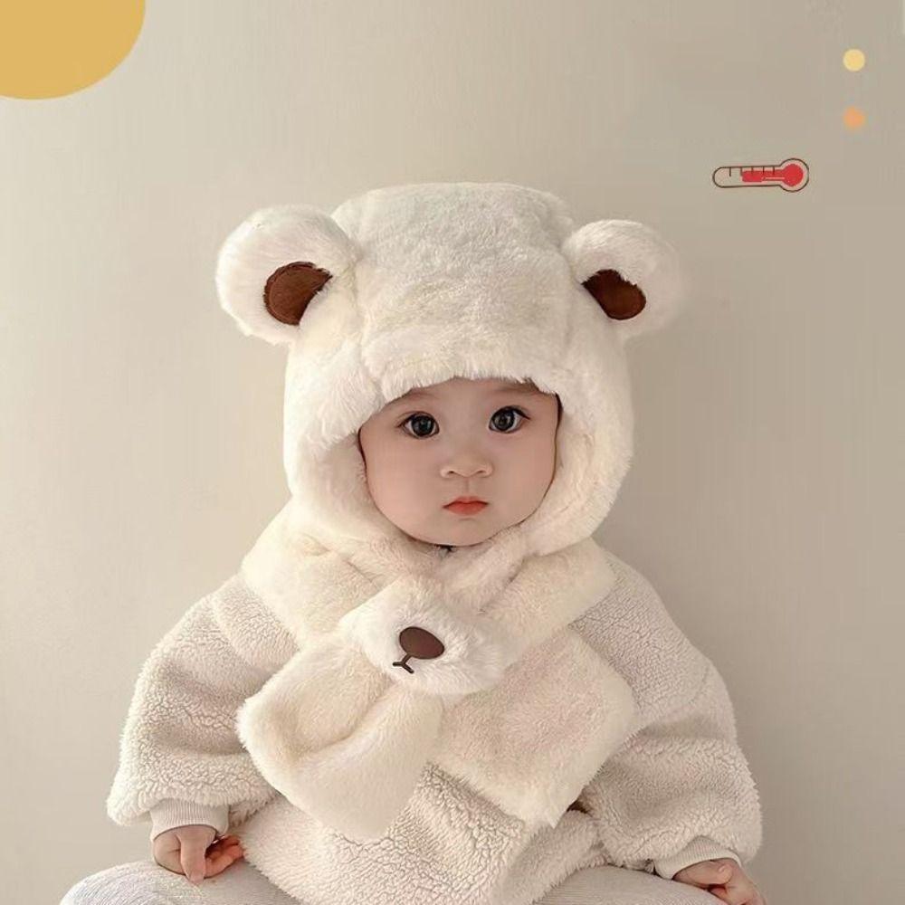 Solid Color Children Fleece Hat Fashion Design Plush Hat with Scarf Outdoor Bear Plush Hat Kid