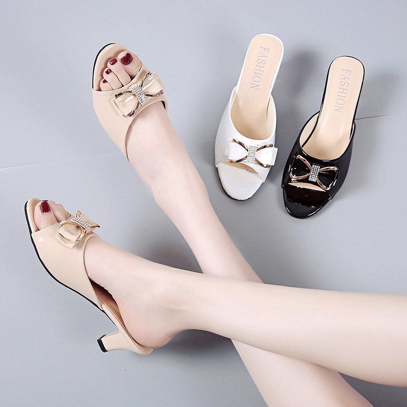 Сандалии Fish Mouth Женская одежда для отдыха Летние сандалии со стразами и бантом Универсальные женские туфли на высоком каблуке больших размеров