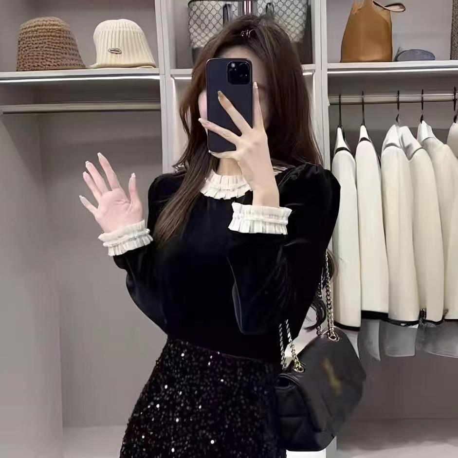 2025 Trendy Xiaoxiang Black Splice Long Sleeve Top & High Waist Sequin Skirt Set