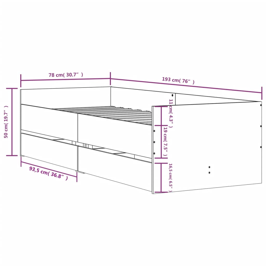 Bed with Drawers Concrete Grey 75 x 190 cm