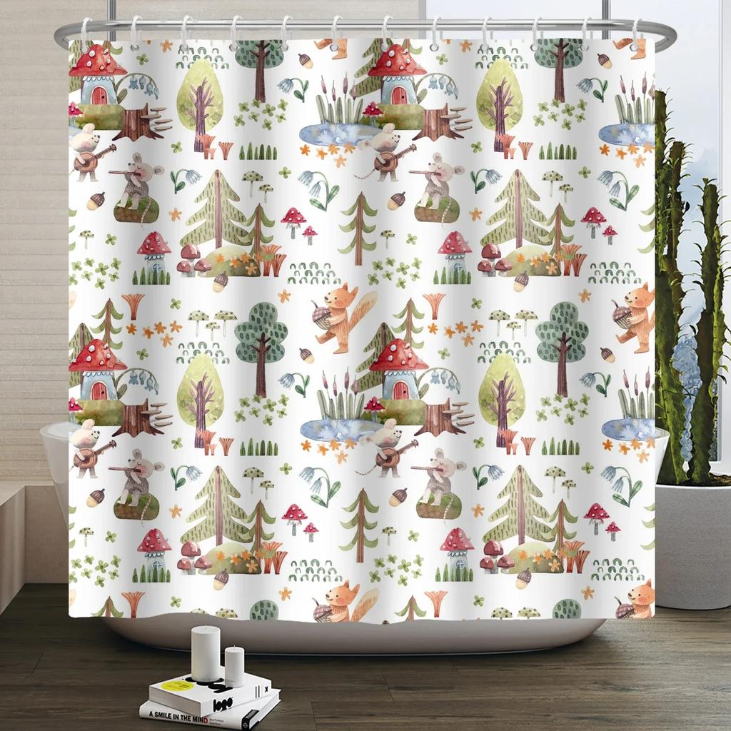 Шторка для душа Лесные животные джунгли Деревья Растения Дикая природа Птица Медведь Лось Лиса Олень Олень Современный Минималистичный Детская Ванная Шторка для душа