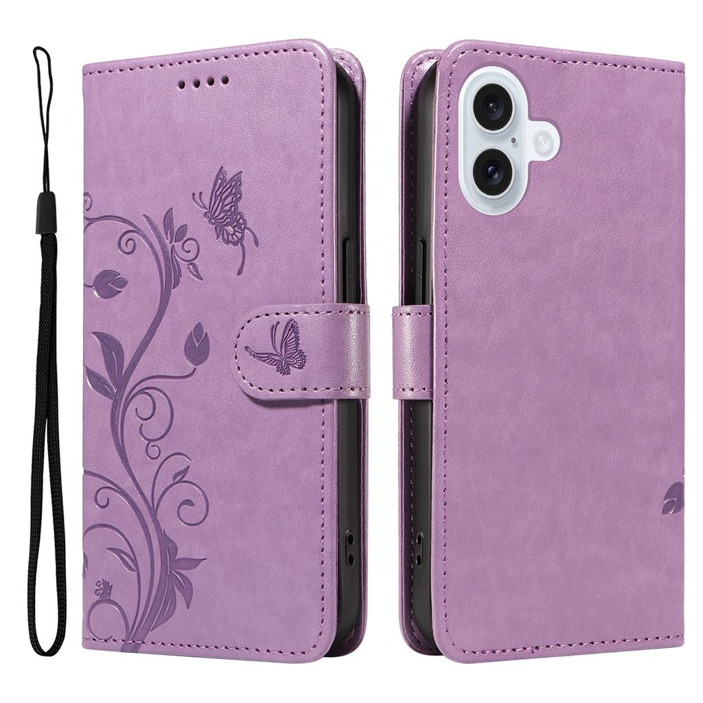 For iPhone 17 PU Leather Cases Flower Pattern Wallet Stand Phone Cover with Strap