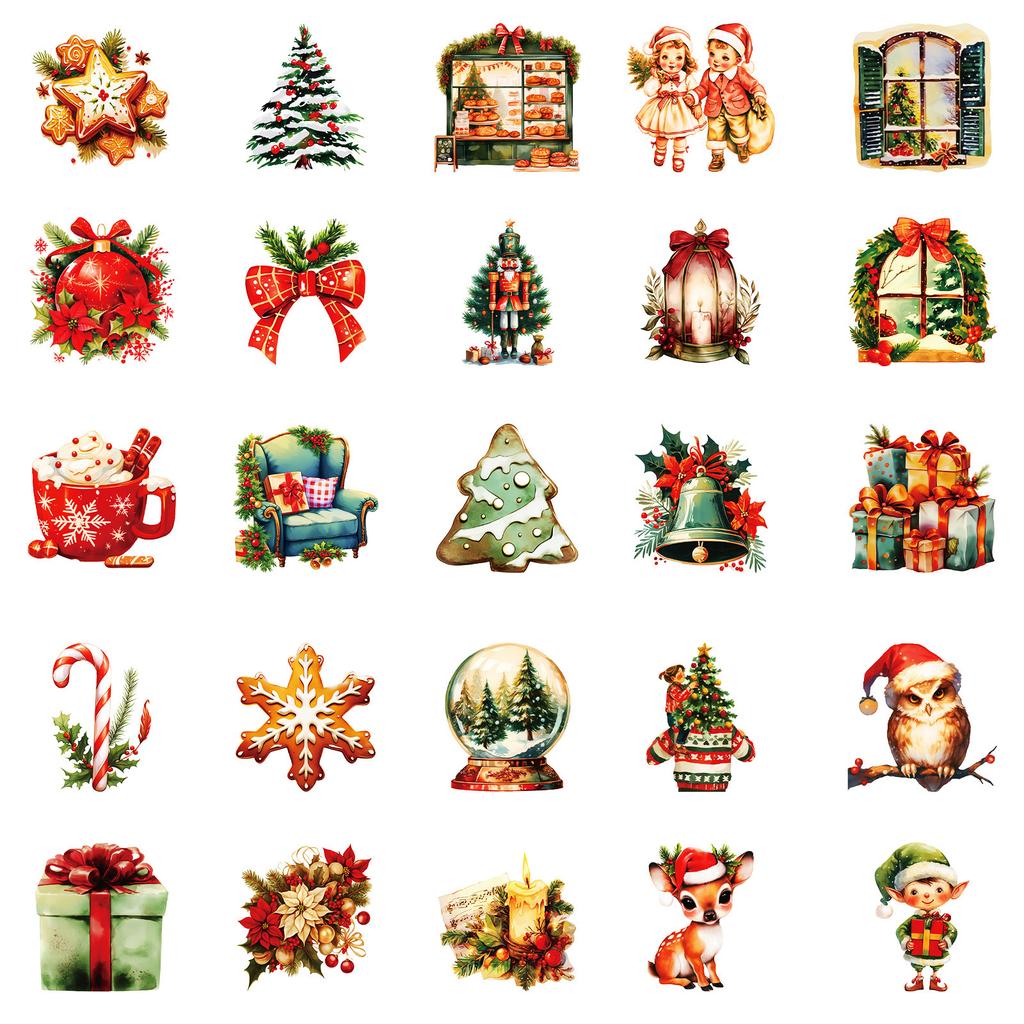 50 New Christmas Gift Series Stickers Waterproof Retro Style Decorative Water Cup Computer Stickers