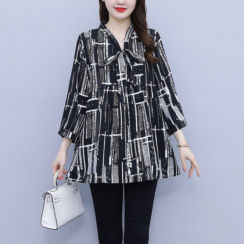 Стильная шифоновая блузка для матерей среднего возраста - Весна/Лето 2024, Свободный крой, Большой размер, Топ с рукавом 3/4