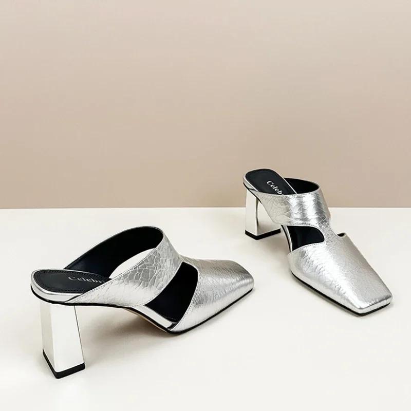 Fashion High Heels Women's Slippers Elegant Mules Shoes Square Toe Heeled Sandals 2025 Summer Pumps Classic Slingback Mujer Zapatillas