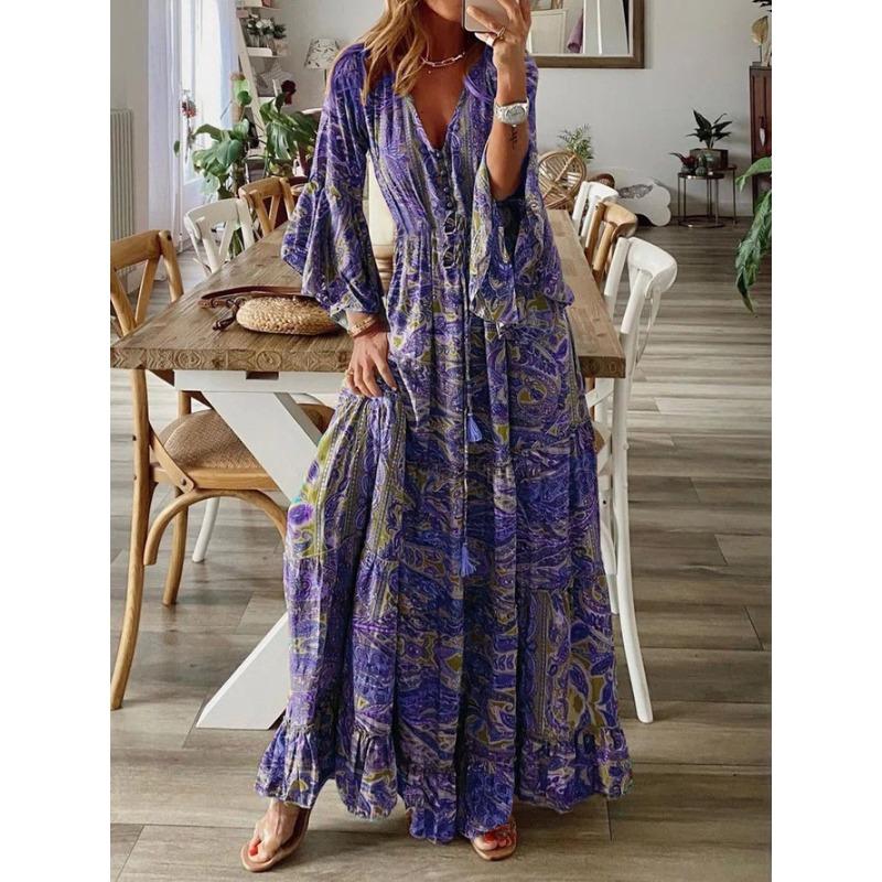 Trumpet Sleeve Printed V-neck High Waisted Vacation Dress with Floral Detailing for Women Casual Dresses