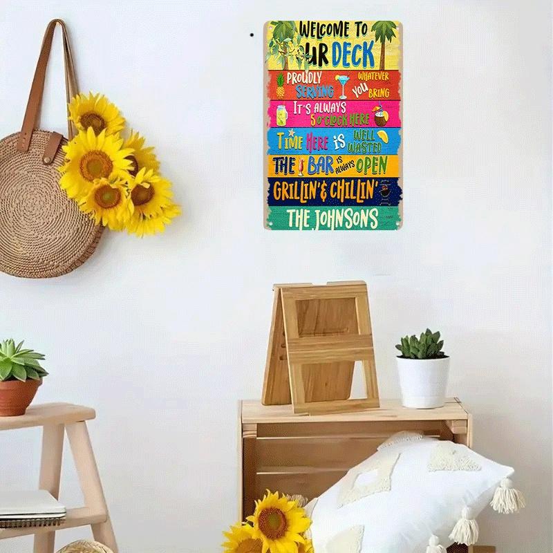 1 item Welcome to our terrace Metal plaque Outdoor patio decoration Proud BBQ lounge bar open sign Tropical elements Sur