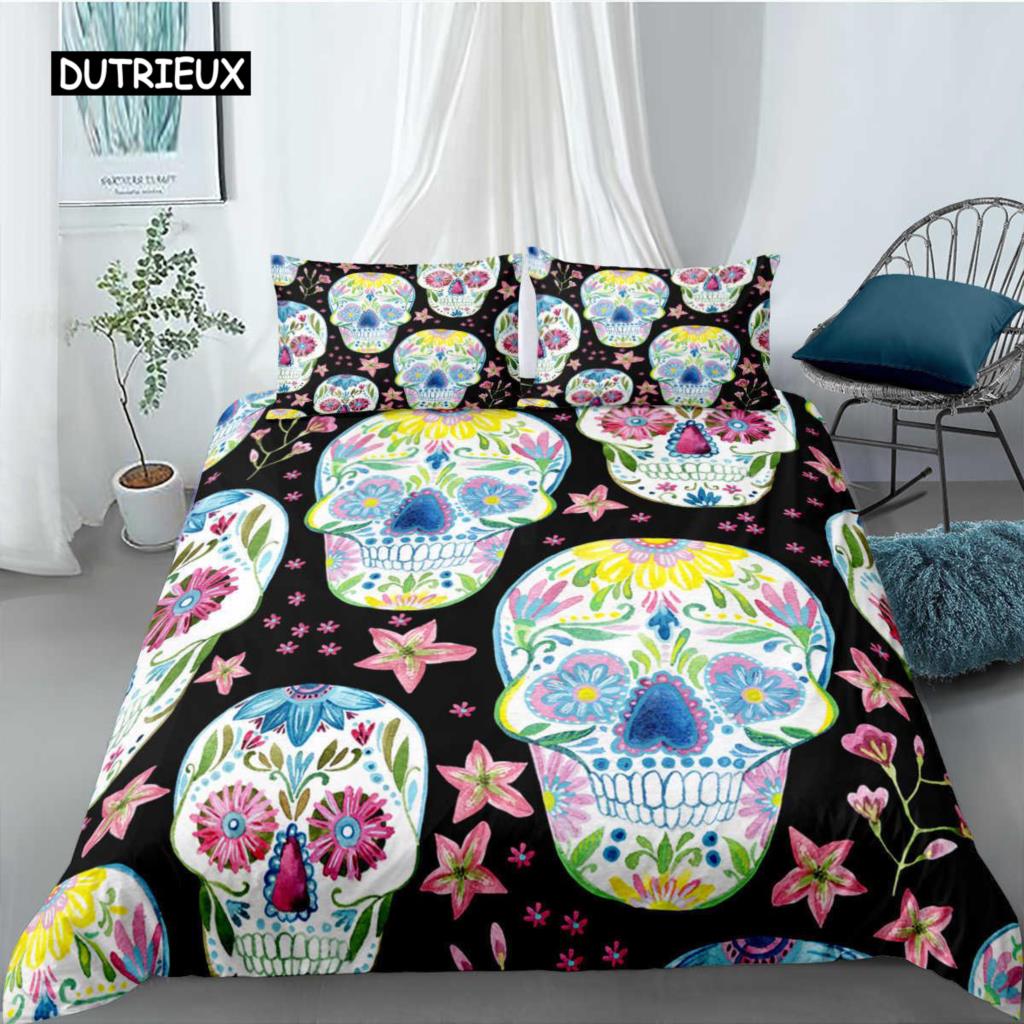 Skull Duvet Cover Set Queen Black Skeleton Paisley Floral Pattern Bedding Set for Teen Adult Polyester Halloween Comforter Cover