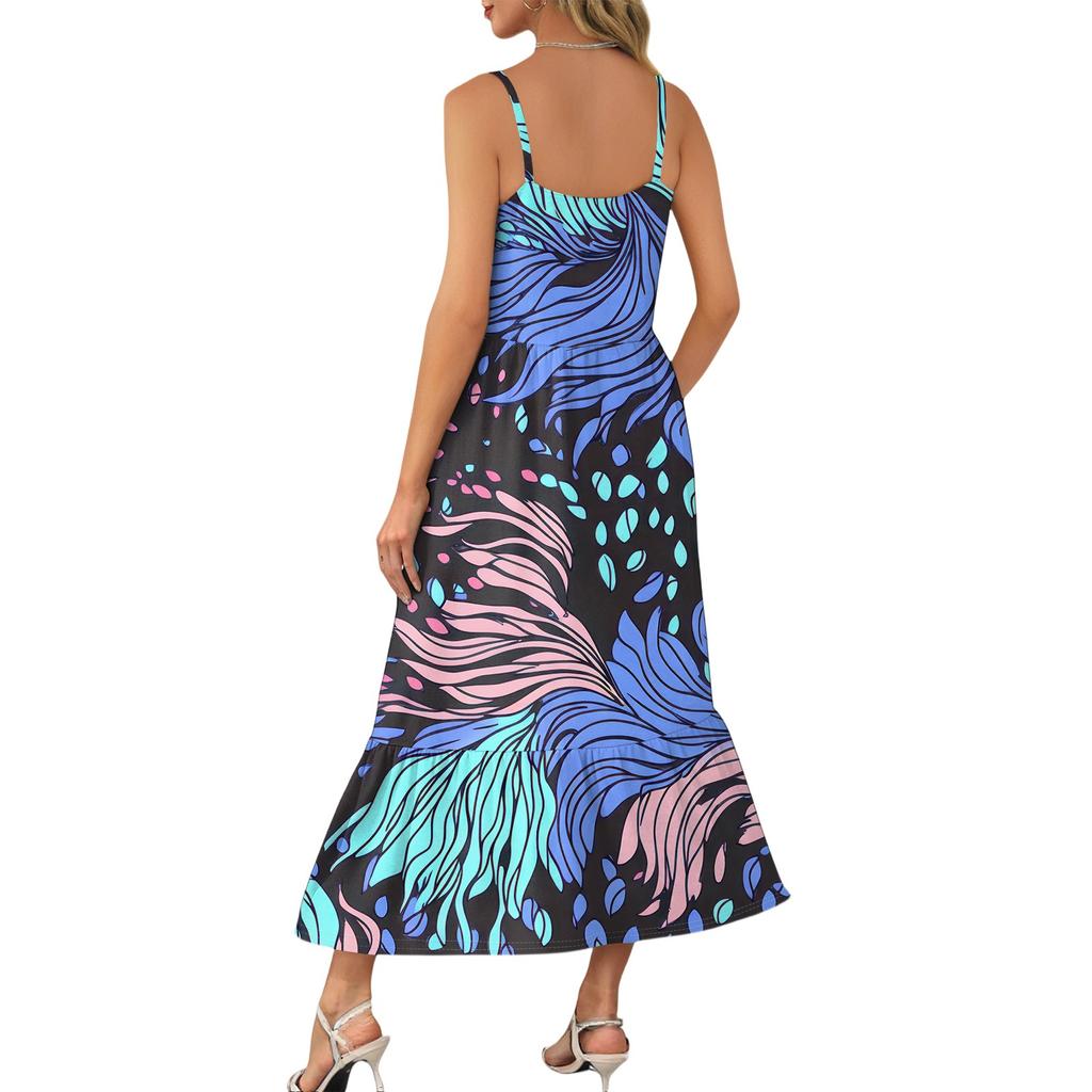 Women's Long Beach Casual Elegant Spaghetti Strap Maxi Dress Stitching Low-key Flowing Bohemian Dress