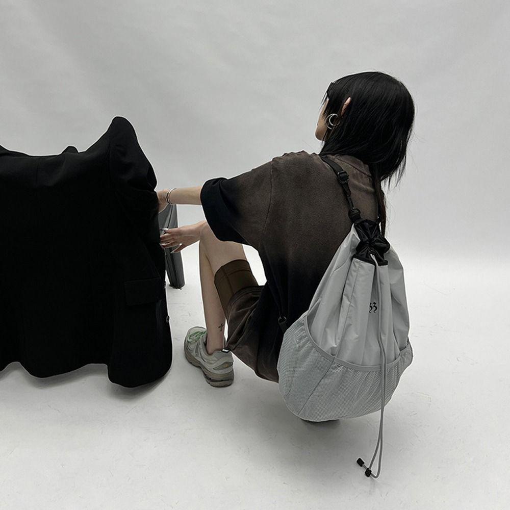 Stereoscopic Offset Printing Drawstring Mesh Backpack Lightweight Solid Color Knapsack Hiking