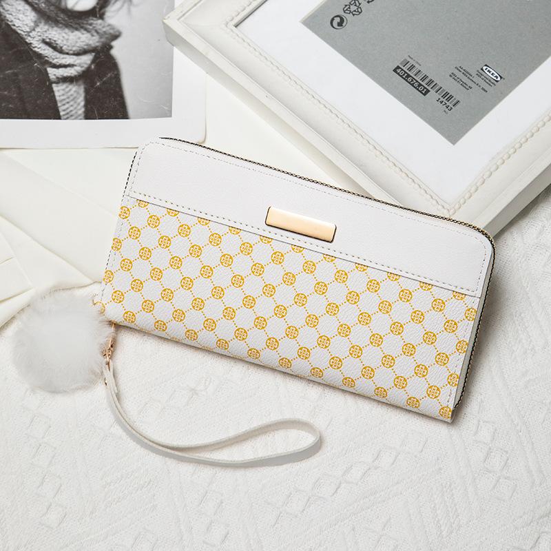 Женский длинный двухслойный кошелек с цветными блоками, летний новый, персонализированный, с меховым помпоном, клатч для нескольких карт