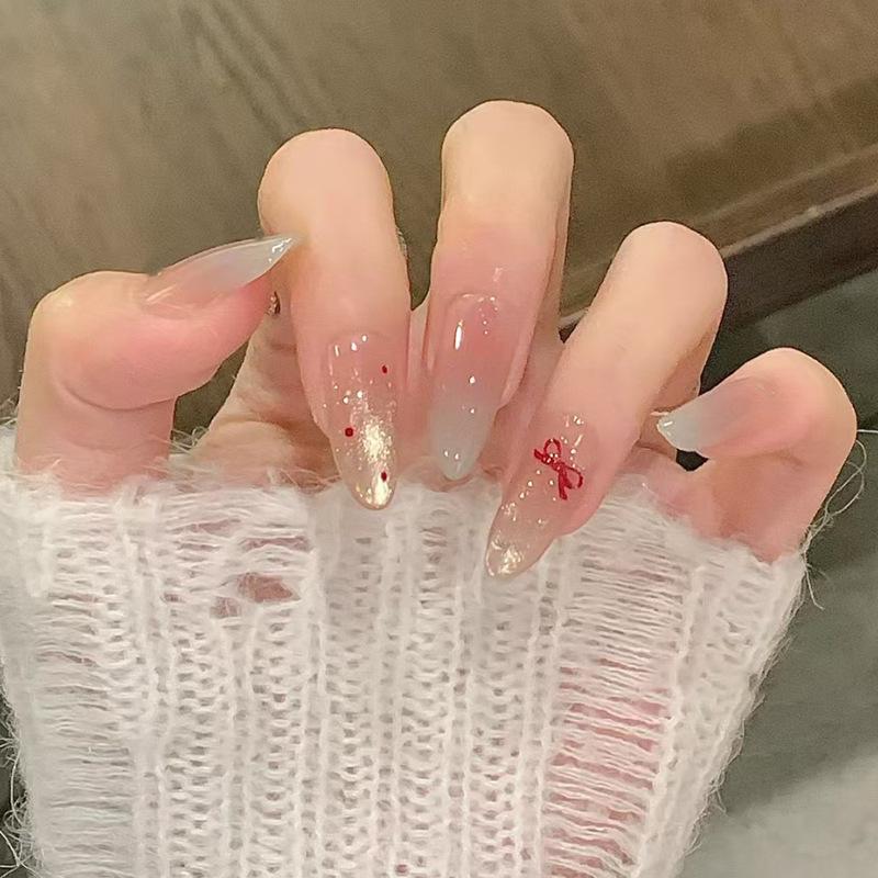 Изящные сверкающие волнистые точки, игривые бантики, градиентные наклейки для маникюра, 24 штуки съемных накладных ногтей