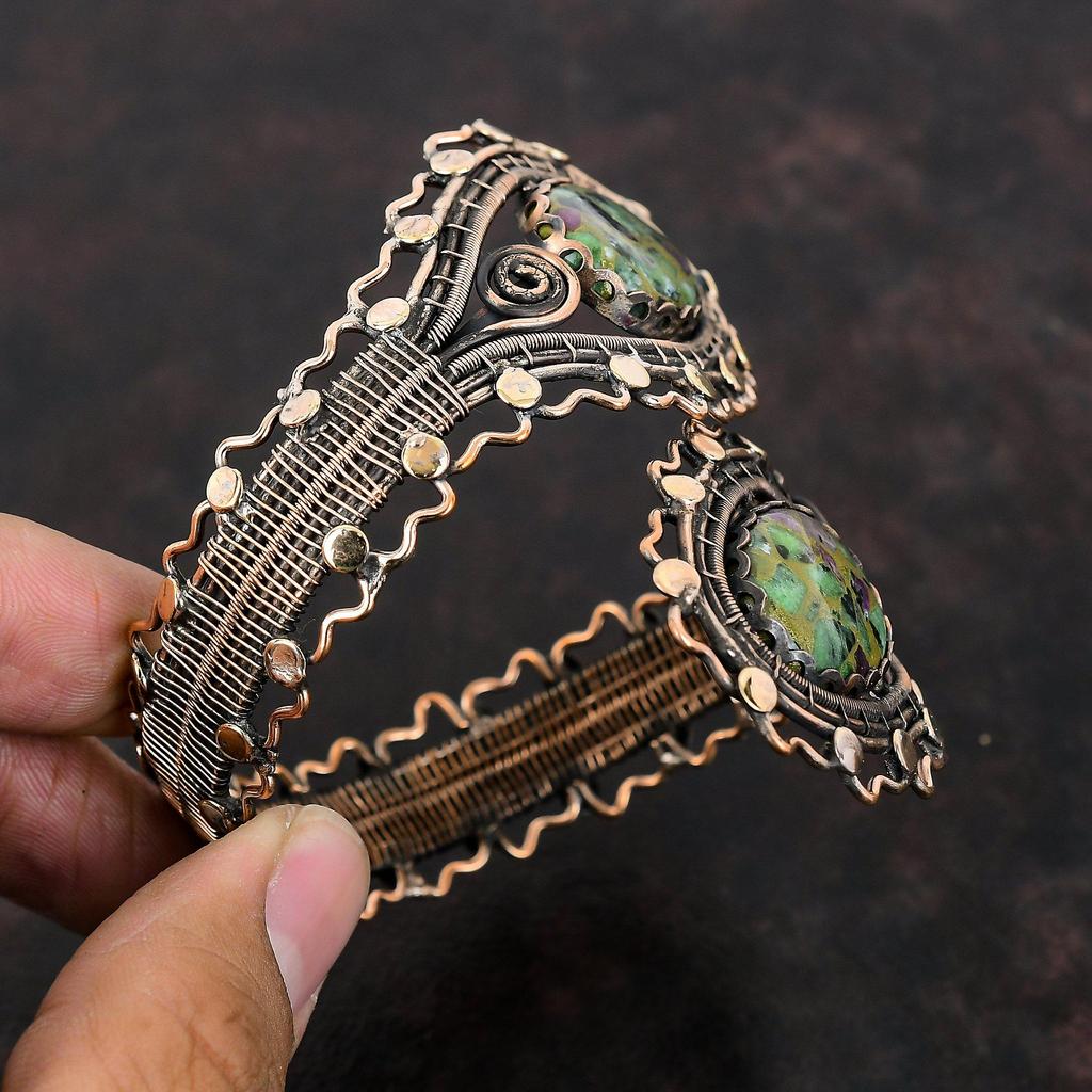 Copper Ruby Zoisite Cuff Bracelet Copper Wire Wrapped Gemstone Bangle Adjustable Cuff Handmade Bracelet Designer Copper Jewelry Gift For Mom