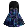 Women's Vintage Long Sleeve Round Neck Halloween Print Party Dress Retro Style Full Skirt with Waist Tie Elegant Evening Dress
