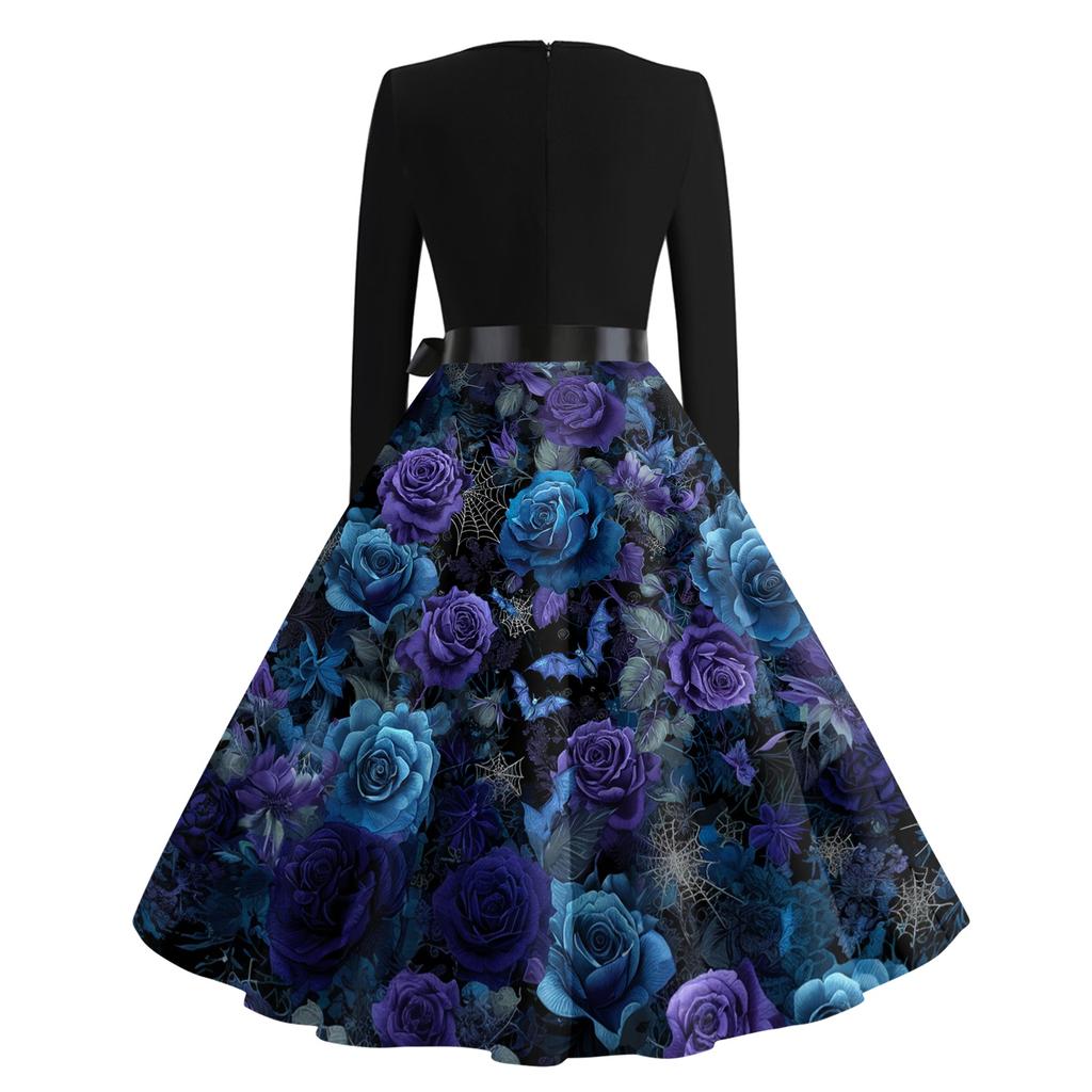 Women's Vintage Long Sleeve Round Neck Halloween Print Party Dress Retro Style Full Skirt with Waist Tie Elegant Evening Dress
