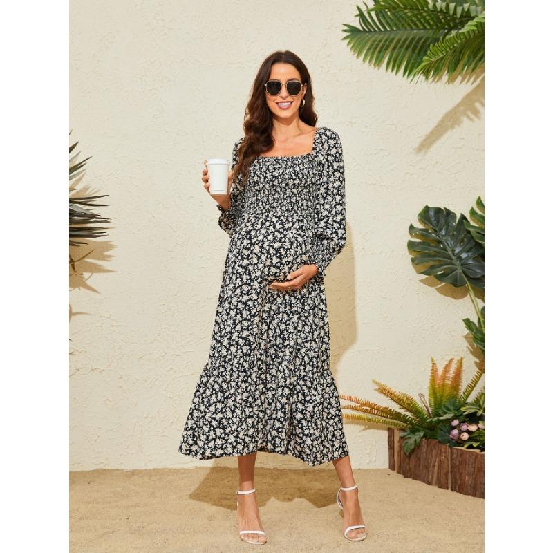 YYFS Women's Fashion Spring Fall Flower Pattern Print Long Sleeve Square Collar High Waist Casual Dresses