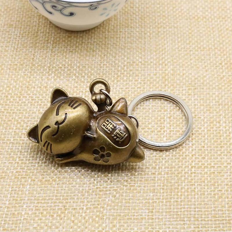 Creative Vintage Chinese Cute Alloy Luck Cat Pendant Keychain For Women Retro Backpack Car Decoration Hanging Accessories