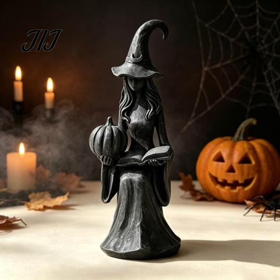 Black Gray Resin Look Sculpture Pumpkin Witch Ornament, Halloween Gothic Style Tabletop Figurine, Retro Lightweight Easy Storage Figurine PLA