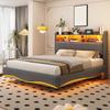 Suspended Design Upholstered Bed 140x200cm Linen Fabric, Multifunctional Storage Bed with LED Light, USB And Type-C Interface, Beige