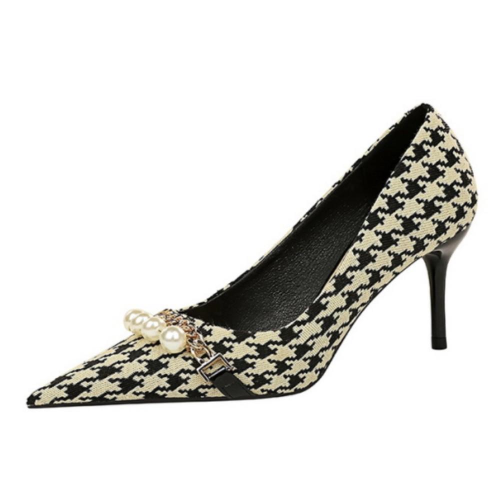 European and American Thin Heel Shallow Mouth Pointed Cloth Plaid Thousand Bird Check Metal Chain Pearl High Heel Shoes
