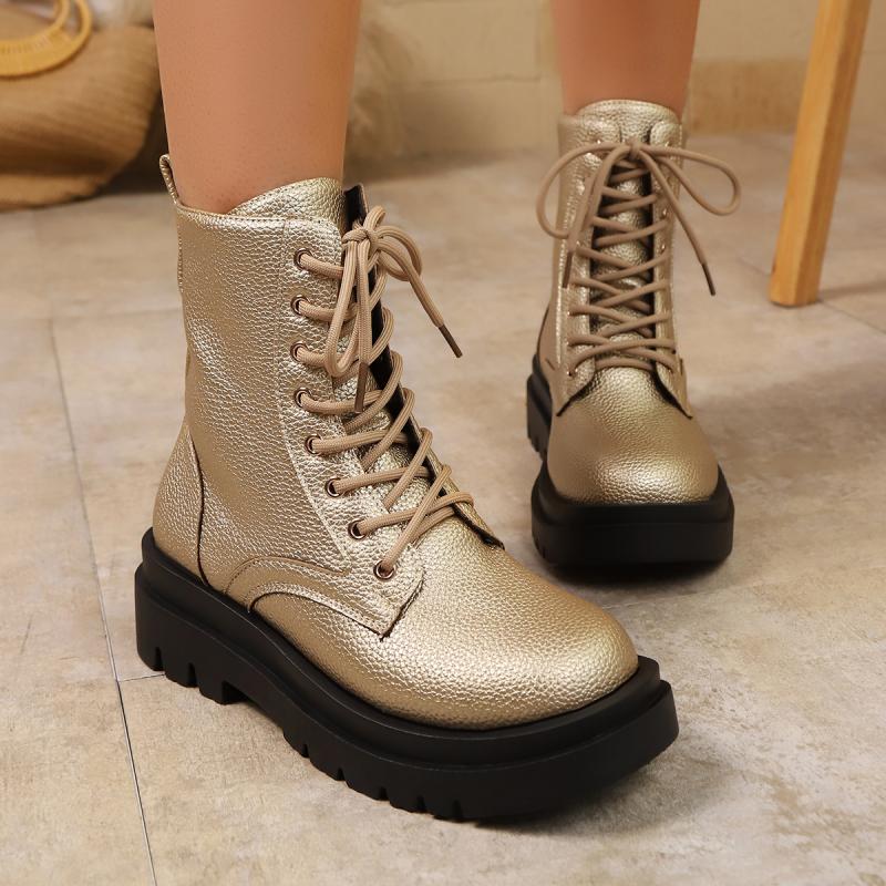 Luxury Gold Pu Lace Up Mid Calf Boots Women 2025 Autumn Round Toe High Heel Boots Fashion Soft Non Slip Thick Bottom Booties