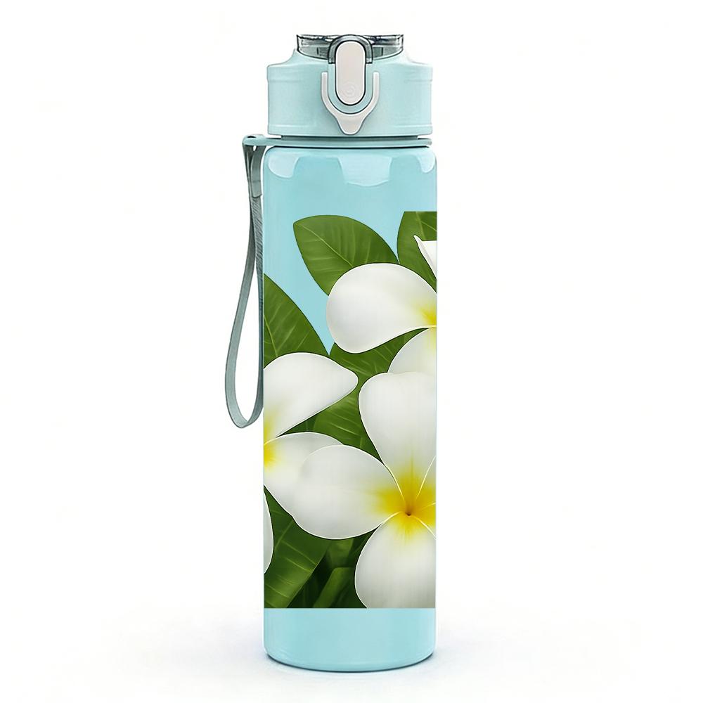 1PC White Plumeria Flower Bloom 750ml Color Plastic Sports Water Bottle Leakproof Flip Straw Lid For Sports Office Home Use