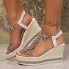 Flower Decor Wedges Sandals for Women Plus Size Shiny Crystal Chunky Platform Slippers Woman Thick Sole Comfort Non Slip Sandals