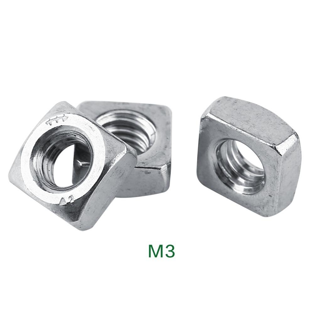 100 Pcs 304 Stainless Steel Square Nuts Metric Coarse Thread Silver Metric Nuts M3 / M4 / M5 / M6 Fastener Nuts