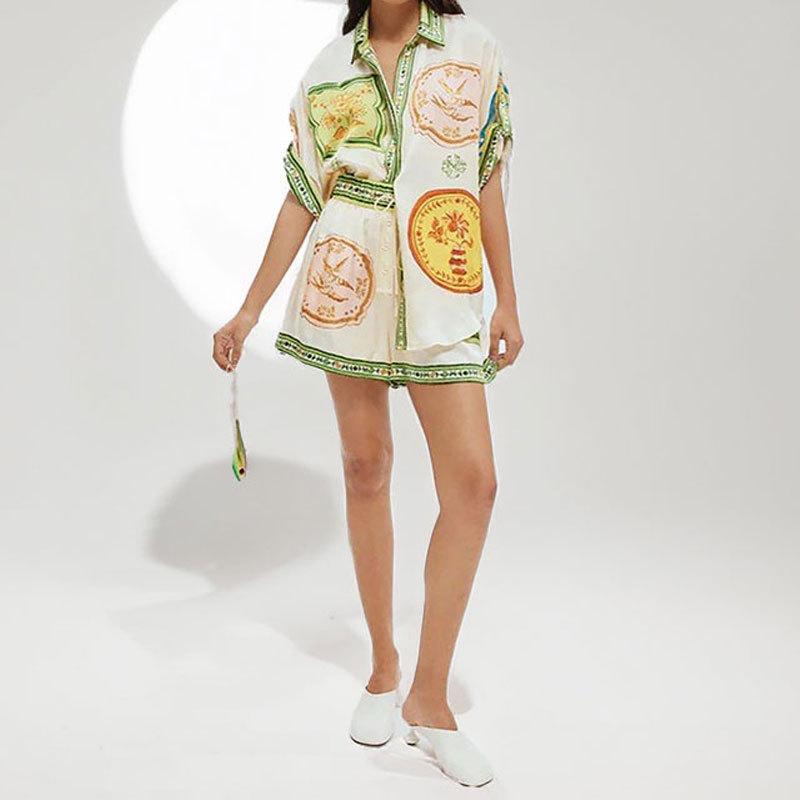 2026 spring new women's clothing cross-border foreign trade Europe, America, fashion and retro contrasting color printing drawstring button set 661