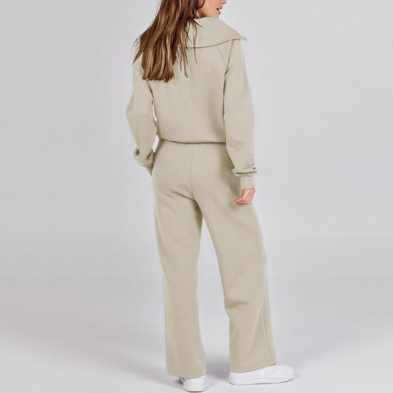 2Pcs/Set Women Solid Color Casual Outfit Lapel Zipper Neckline Long Sleeve Sweatshirt Elastic Waist Drawstring Wide Leg Pants Set