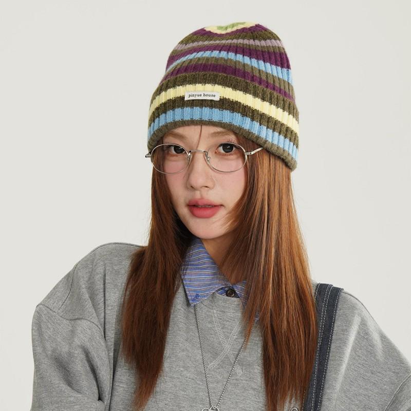 Winter Striped Letter Patch Beanie Hat Men Women Warm Casual Versatile Knit Cap