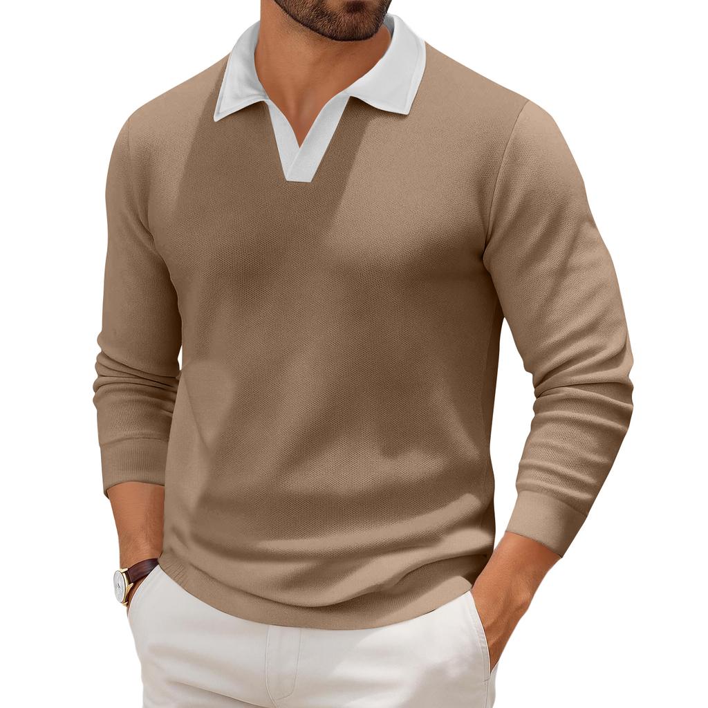 Мужской повседневный трикотажный базовый топ с длинным рукавом и воротником в стиле колор-блок