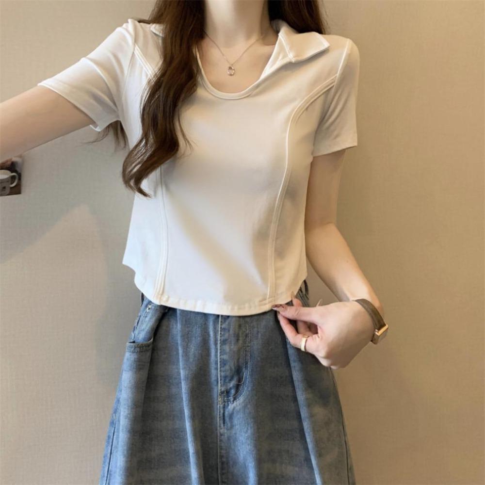 Pullover Y2k Crop Tops Women V-neck Flip Neck Blouses Fashion Short Sleeve T Shirt Female