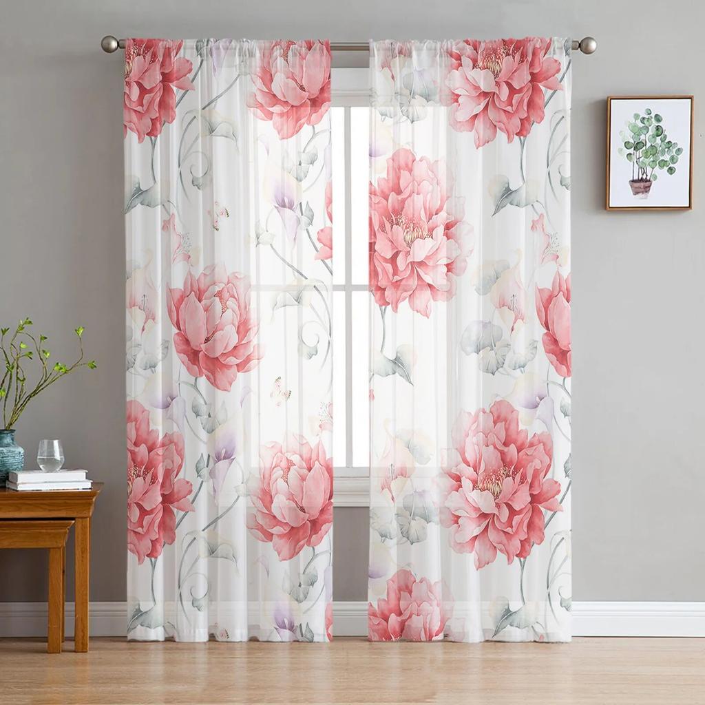 Pink Watercolor Flowers Retro Window Tulle Curtains for Living Room Bedroom Hotel Luxury Decoration Sheer Curtains